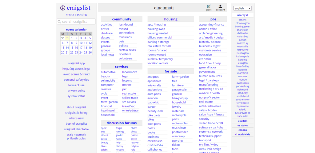 Craigslist Cincinnati Landing Page