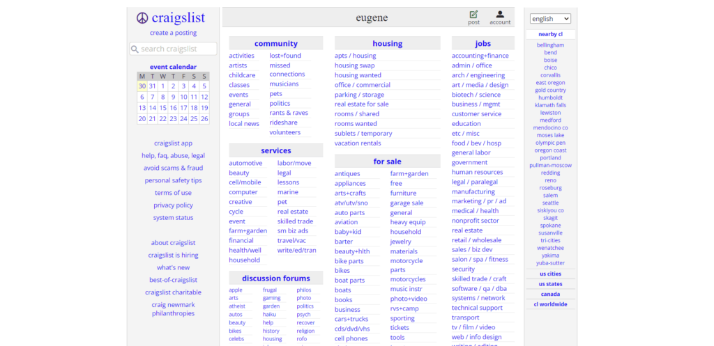 Craigslist Eugene Landing Page