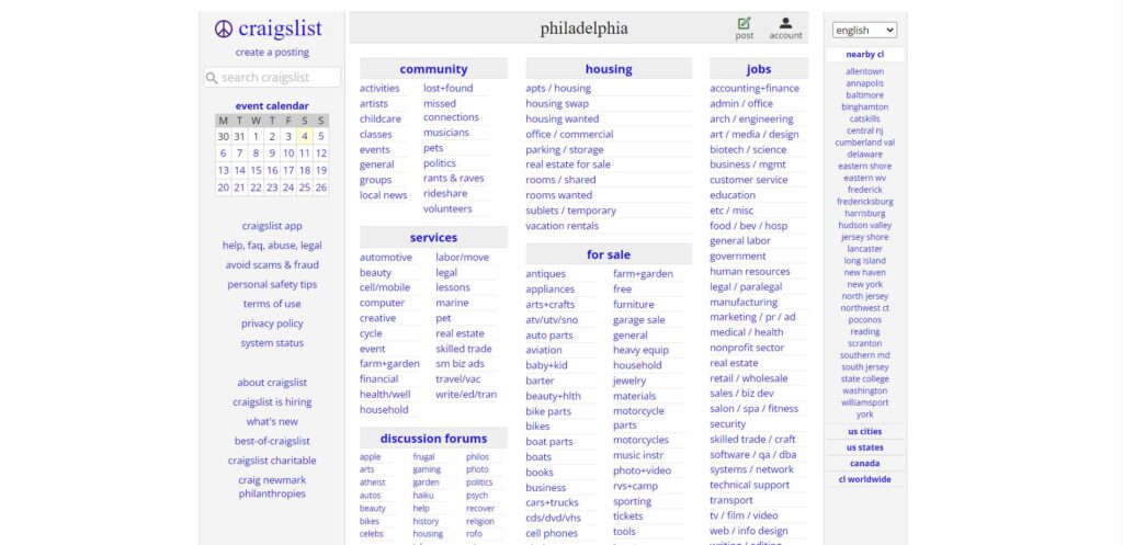Craigslist Philadelphia Landing Page